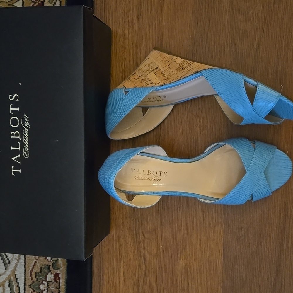Talbots Palm Leaf Leather Aqua Cork Wedge Sandals 3.5" Heel  8M Like New In Box